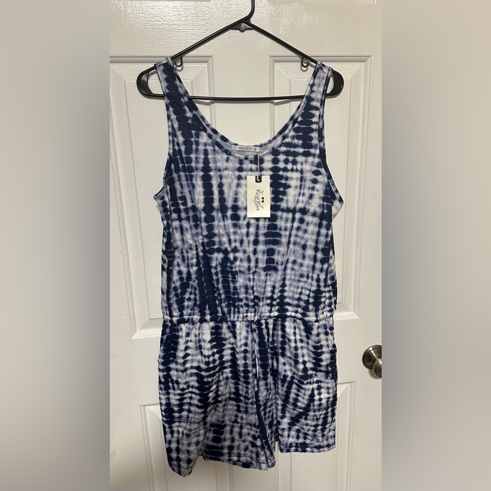 NWT ReoRia tie-dye navy/white romper/coverup w/ elastic waistband & drawstring.